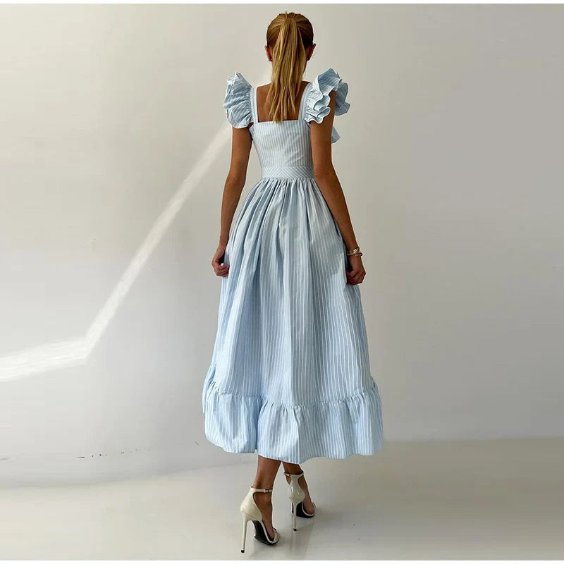 Ruffles Striped Square Collar Buttoned Long Dress