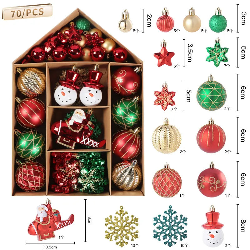 70Pcs/box Christmas Tree Ball Ornaments Snowflake Snowman Star Hanging Pendants Noel Navidad Home Decoration  New Year Gift