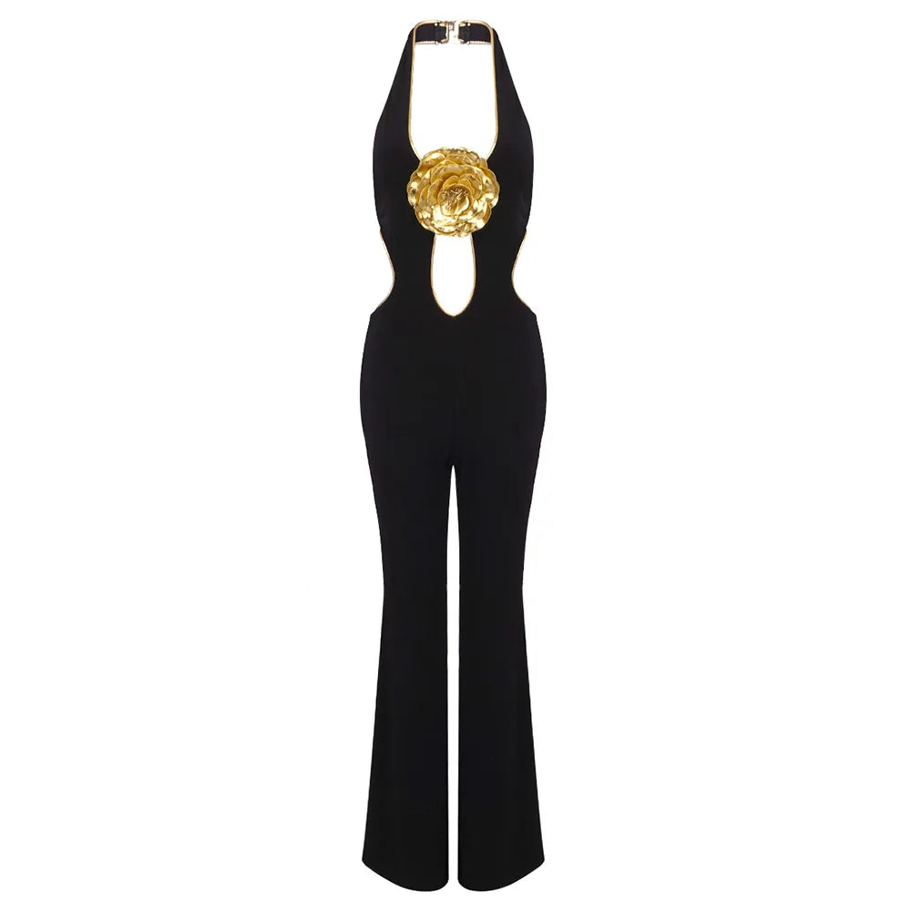 Black Cut Out Halter Golden Flower Jumpsuit