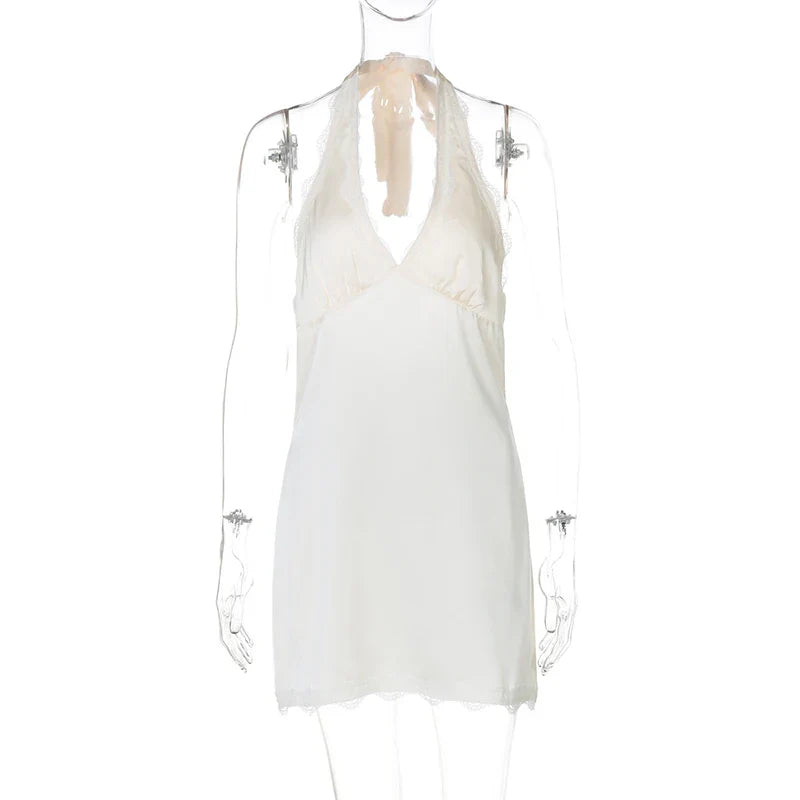 Halter Trim V-Neck Mini Satin Dress