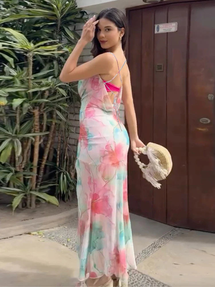 Floral Printed Mesh Bralette Maxi Dress