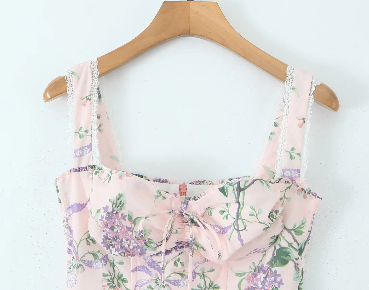 Pink Floral Print Bow Ruched Midi Dress