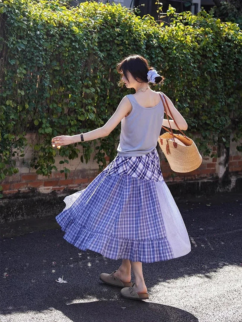 Plaid Patchwork Midi Skirt - Streetwear A-Line