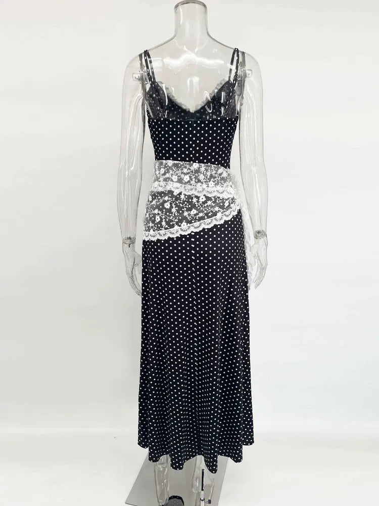 Black Polka Dot Lace Scarf Tie Up Wasit Maxi Dress