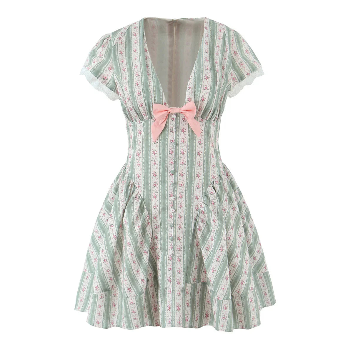 Green Striped Floral Print Short Sleeve Mini Dress
