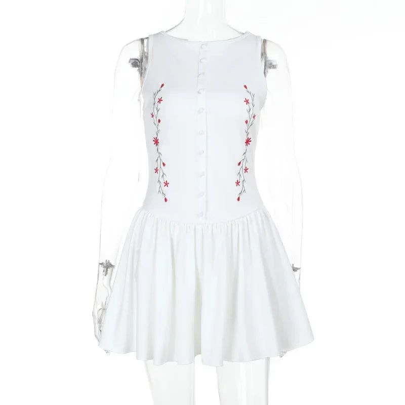 Flower Embroidered Button Mini Dress