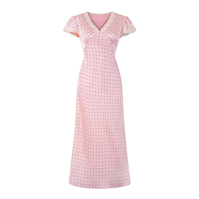 Pink Dotted Print Lace Trim Maxi Dress