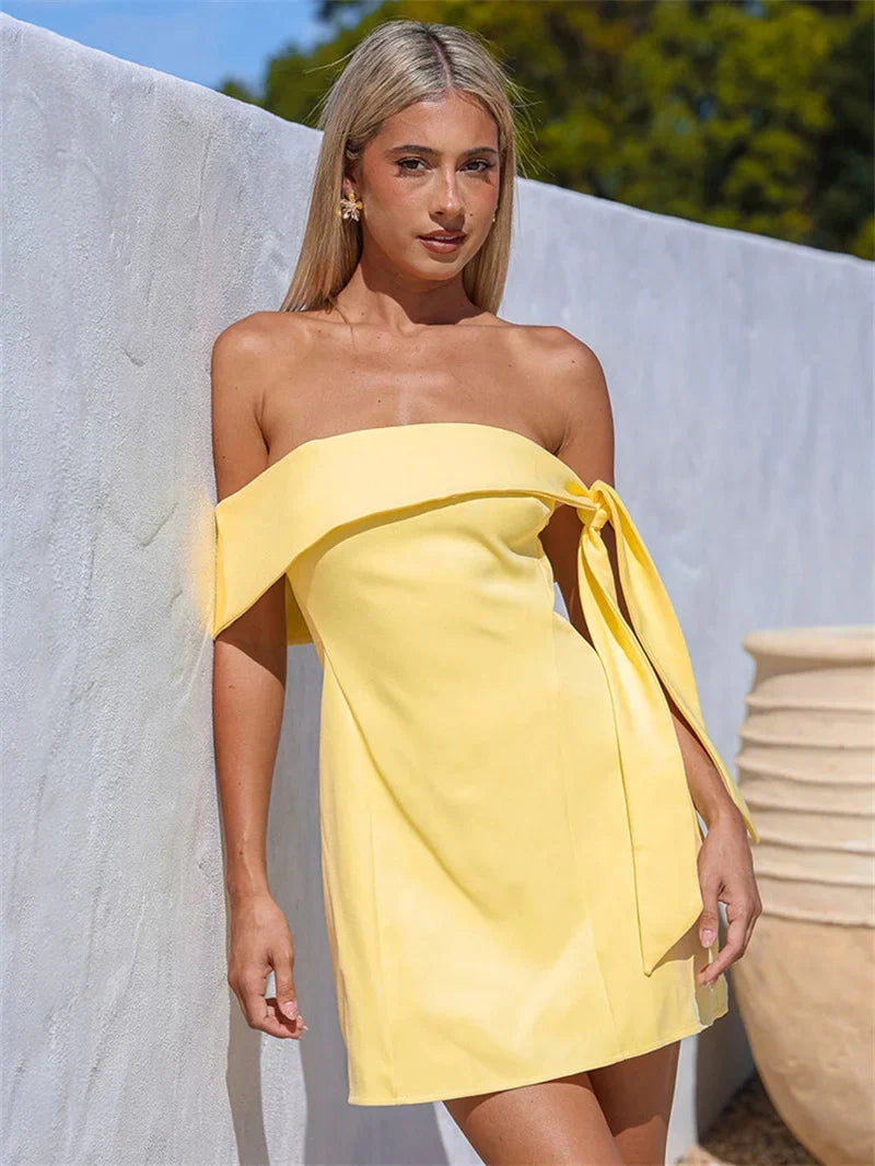 Off-shoulder Tie Up Solid Mini Dress