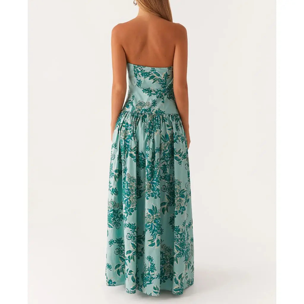 Strapless Dot/Floral Print Pleated Tube Long Dress - A-Line Fit