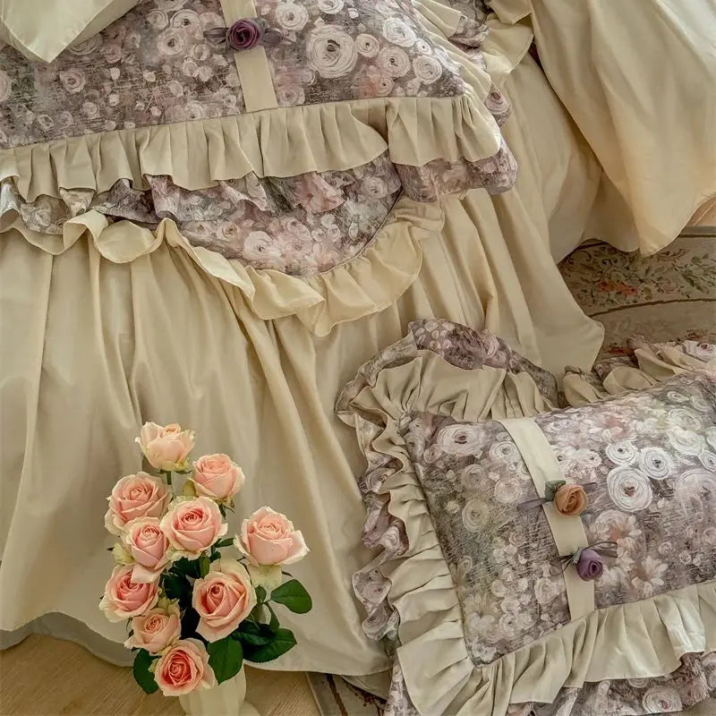 4/5Pcs Vintage French Style Flowers Pleated Lace Ruffles Bedding Set Egyptian Cotton Duvet Cover Bed Skirt Bed Sheet Pillowcases