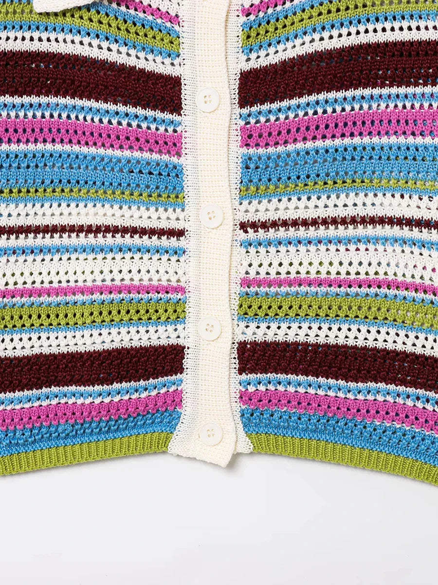 Stripe Colourful Collar Buttoned Shirt And Shorts Set