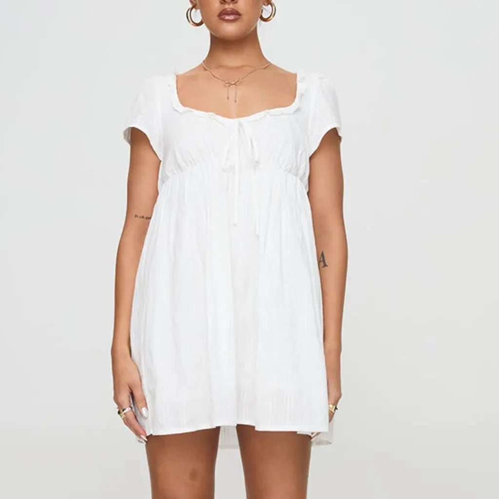 Ruffled Trim Square Neck Short Sleeve Loose Mini Dress