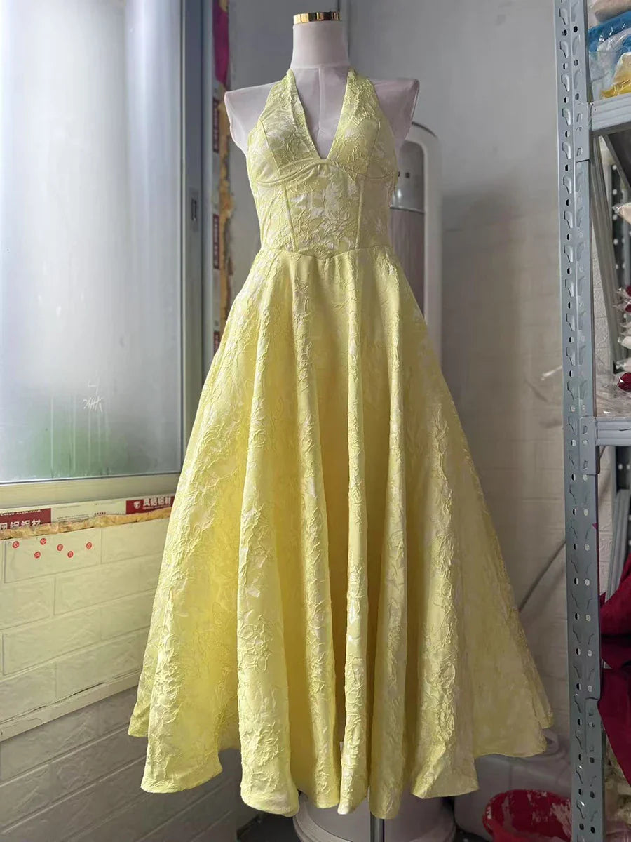 Satin Jacquard Deep Neck Print Flare Maxi Dress