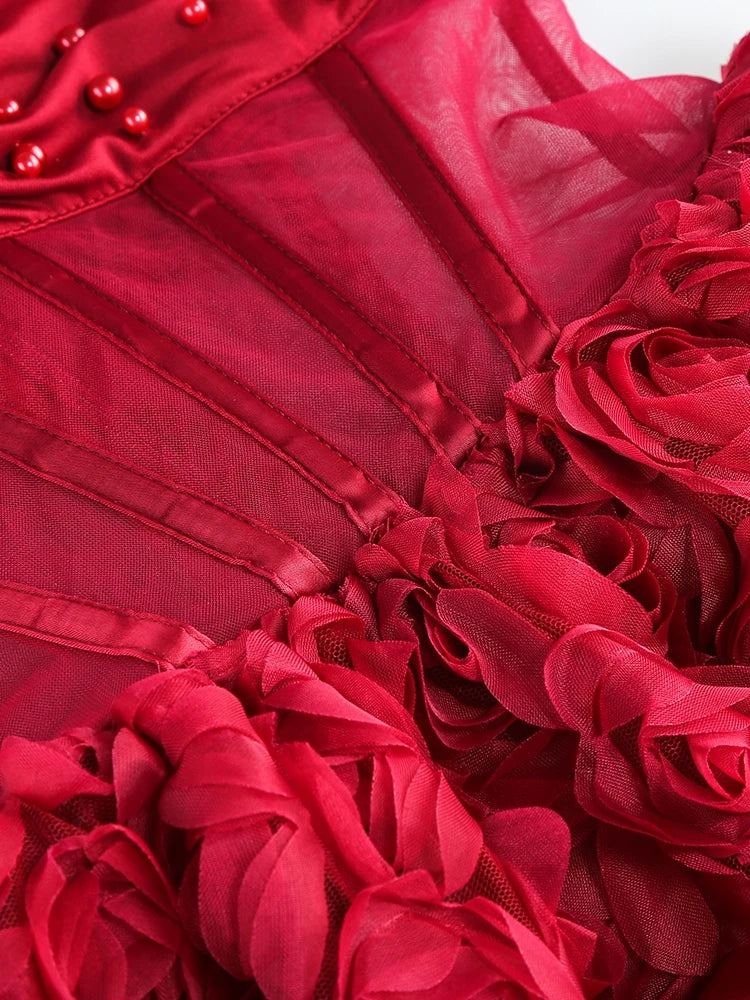 Red Mesh 3d Floral Frill Beaded Strapless Mini Dress