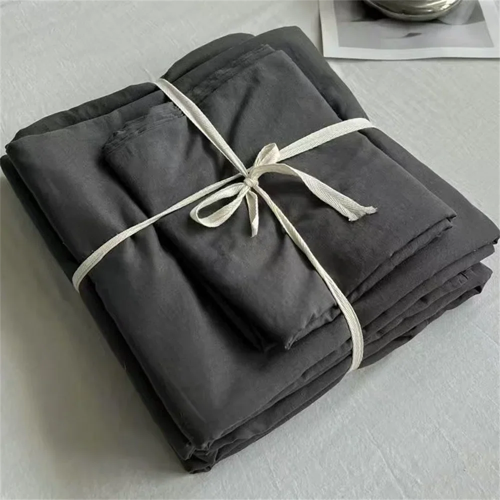 Ins Pure Washed Cotton Four-piece Bedding Set Pure Cotton 100 Solid Color Quilt Cover Set Bedding Three-piece Set