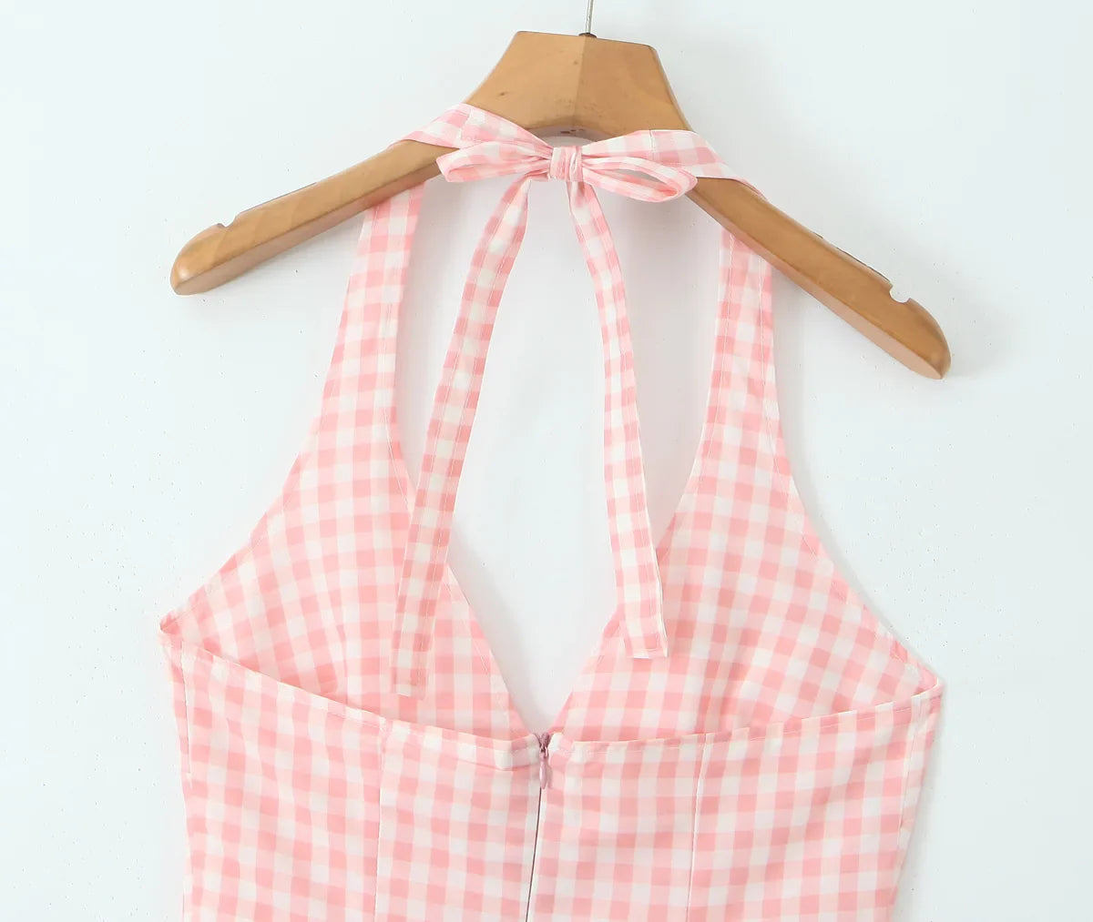 Pink Plaid Bow Halter Midi Dress