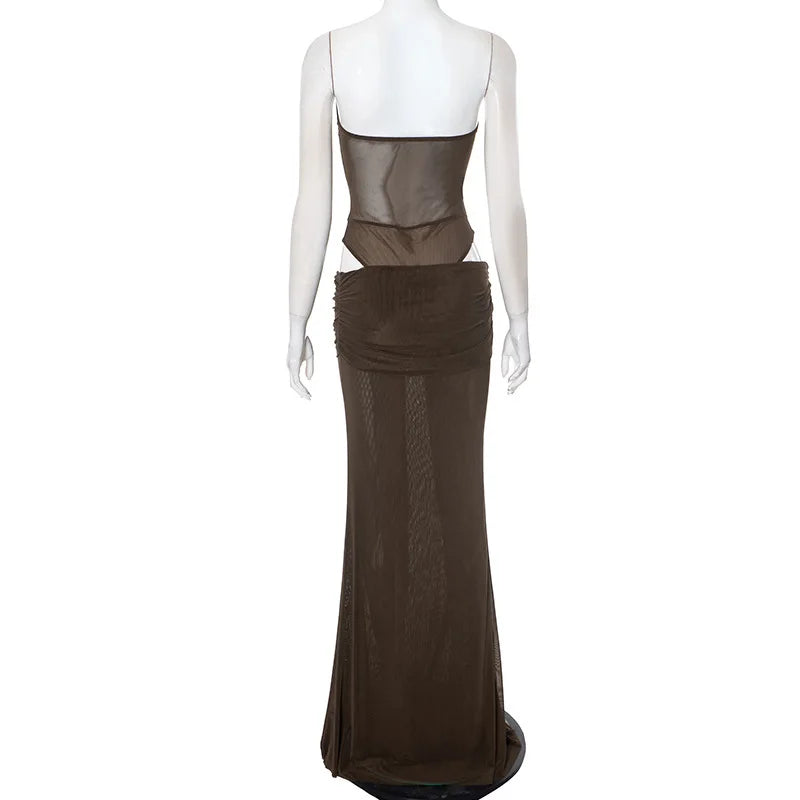 Brown Mesh Corset Bodysuit And Maxi Skirt Set