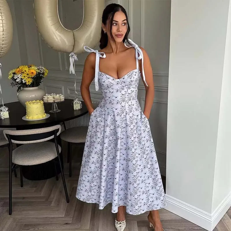 Blue Printed Midi Tie Up Dress