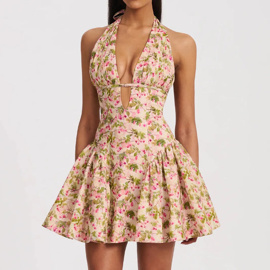 Floral Deep Halter Neck Mini Dress