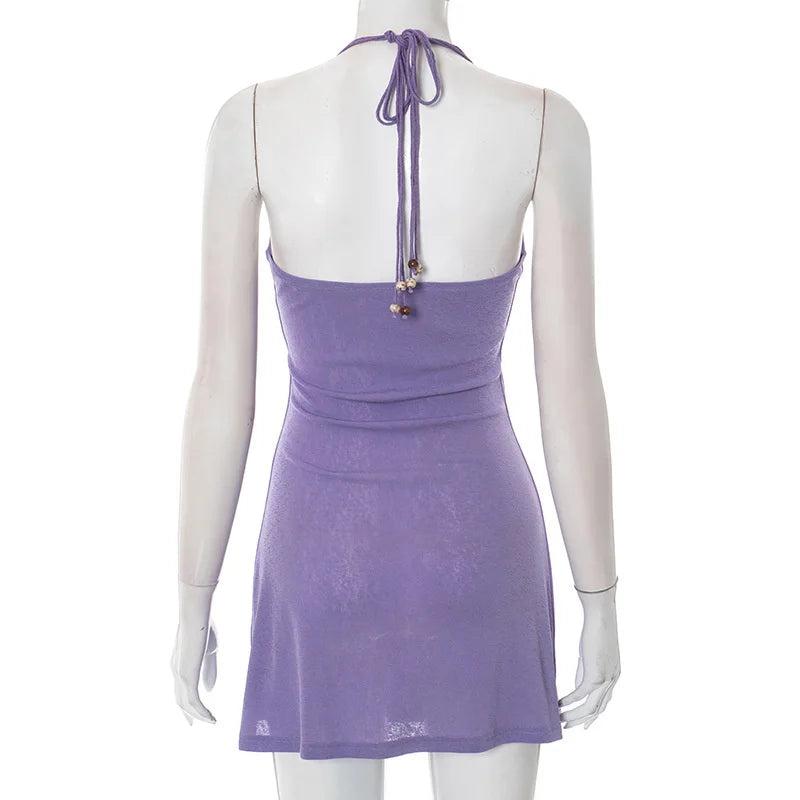 Purple Halter Beaded Mini Dress