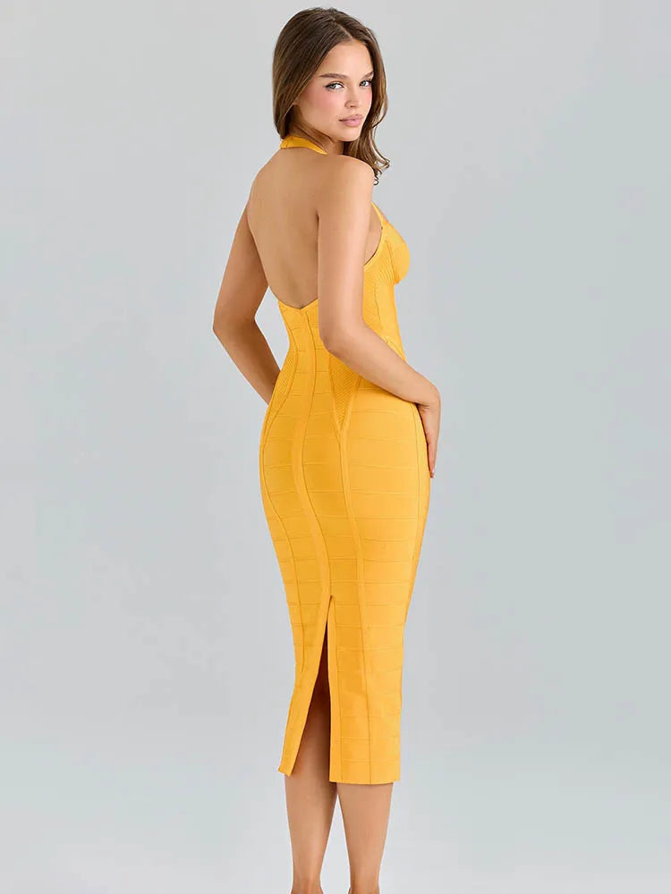 Orange Bandage Halter Midi Dress