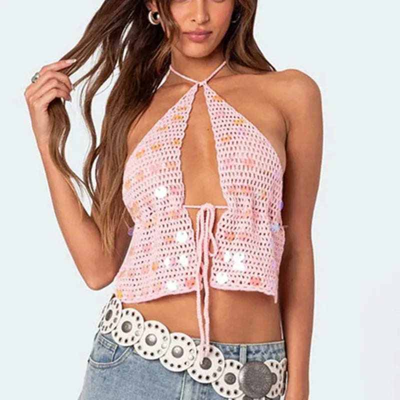 Sequin Knitted Tie Up Top - Backless Casual Tank