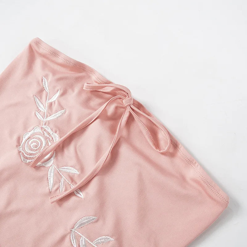Pink Rose Embroidery Strapless Maxi Dress