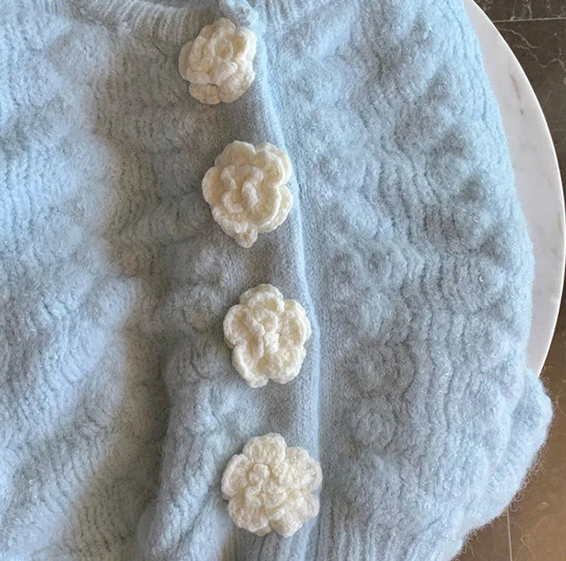 Blue Knitted Rose Buttoned Cardigan