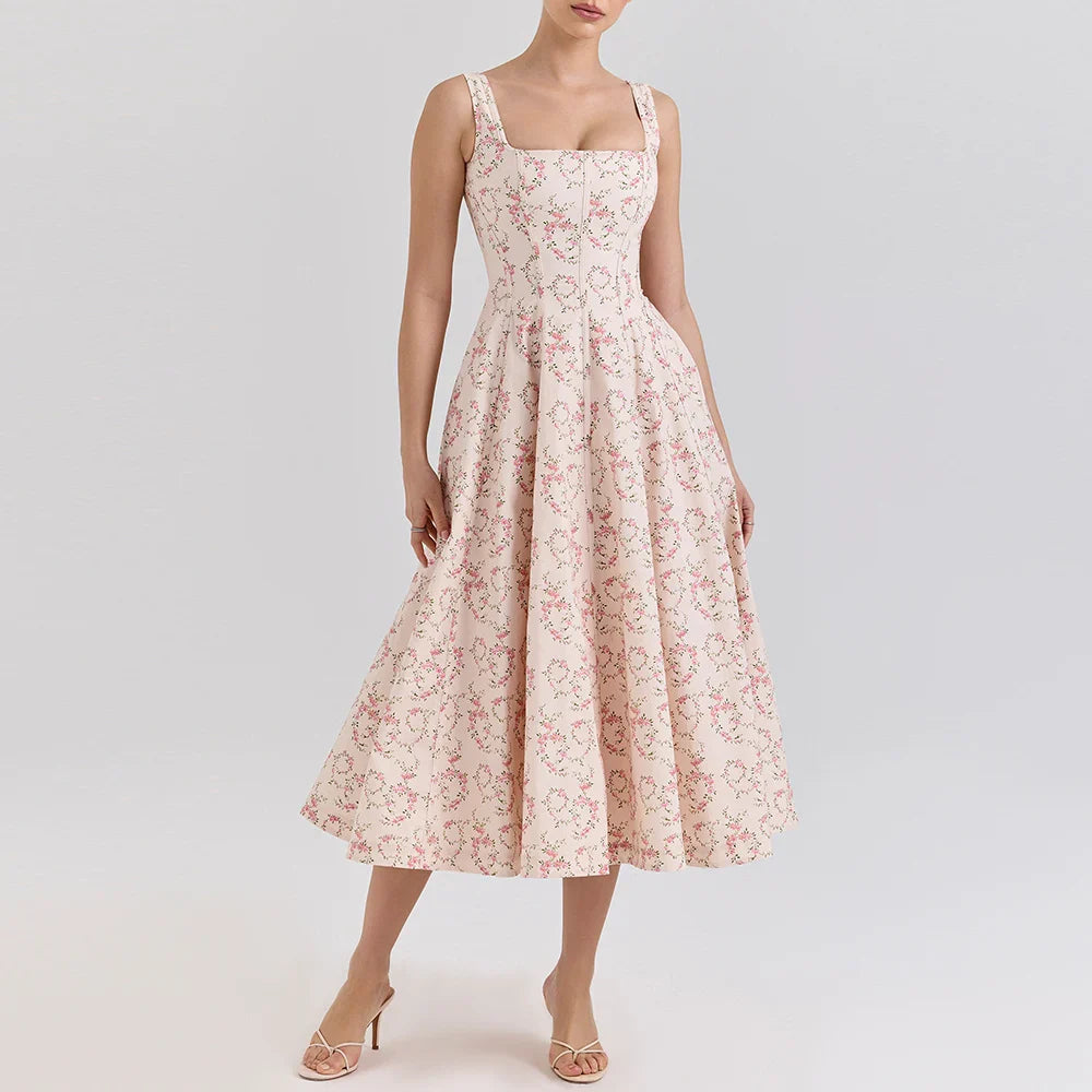 Pink Floral Print Lace Up Square Neck Midi Dress
