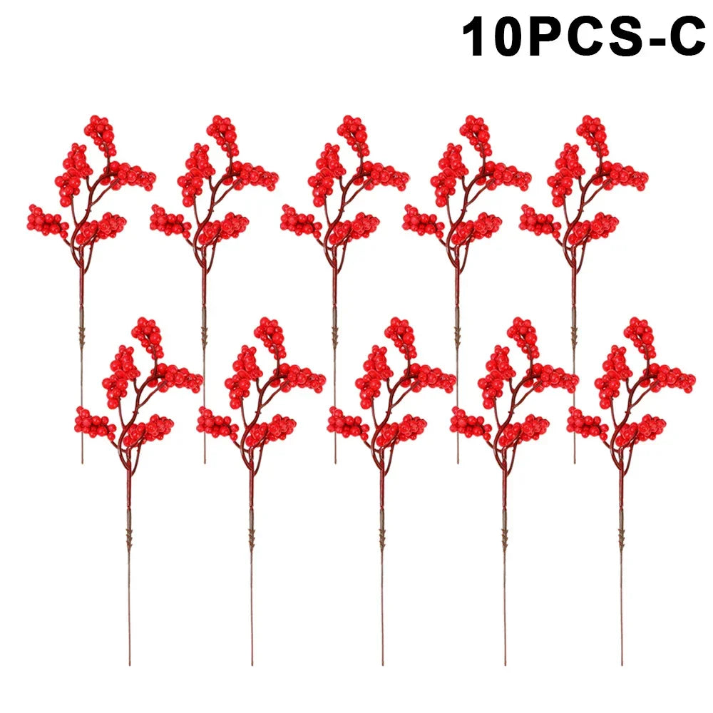 10/1Pcs Artificial Red Berries Christmas Holly Berry Branches Xmas Tree Ornaments Fake Plants For Home Navidad Party Decoration
