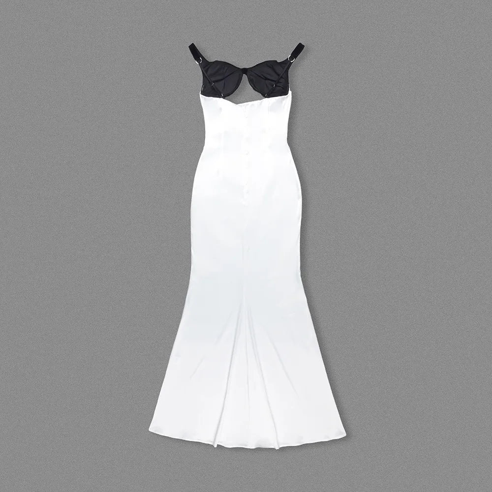 Two Tone Patchwork Cut Out Satin Maxi Dress