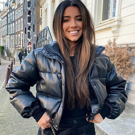 Faux Leather Puffer Short Jacket