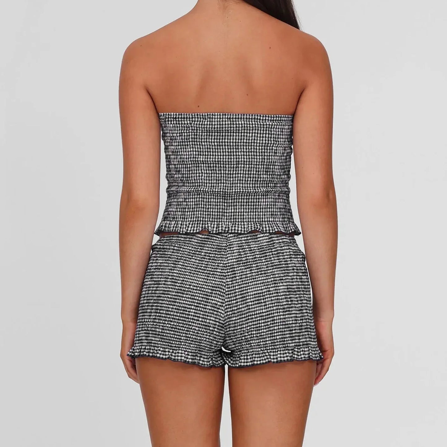 Black Plaid Smocked Tube Top & Shorts Set - Hot Sweet Style