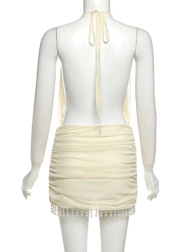 Tassel Halter Pleated Open Back Mini Dress