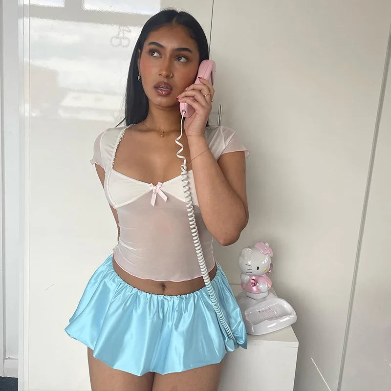 Satin Puff Low Waist Mini Skirt