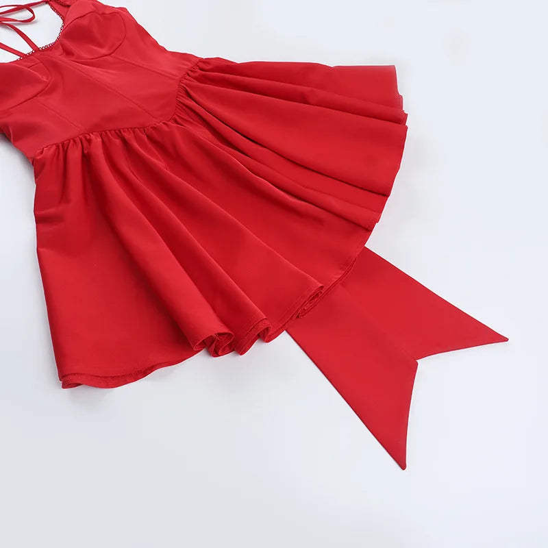 Red Back Lace Up Bow Mini Dress