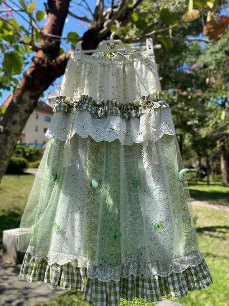 Green Floral Ruffle Long Skirt - Office Lady A-Line