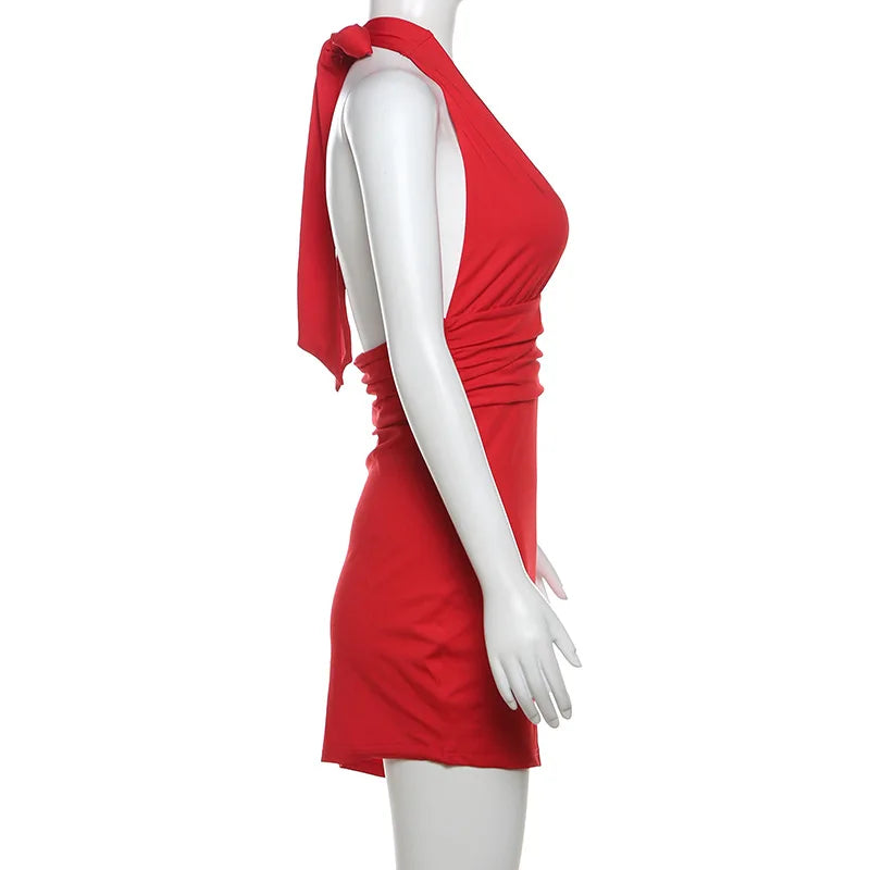 Deep V-Neck Bandage Backless Mini Dress