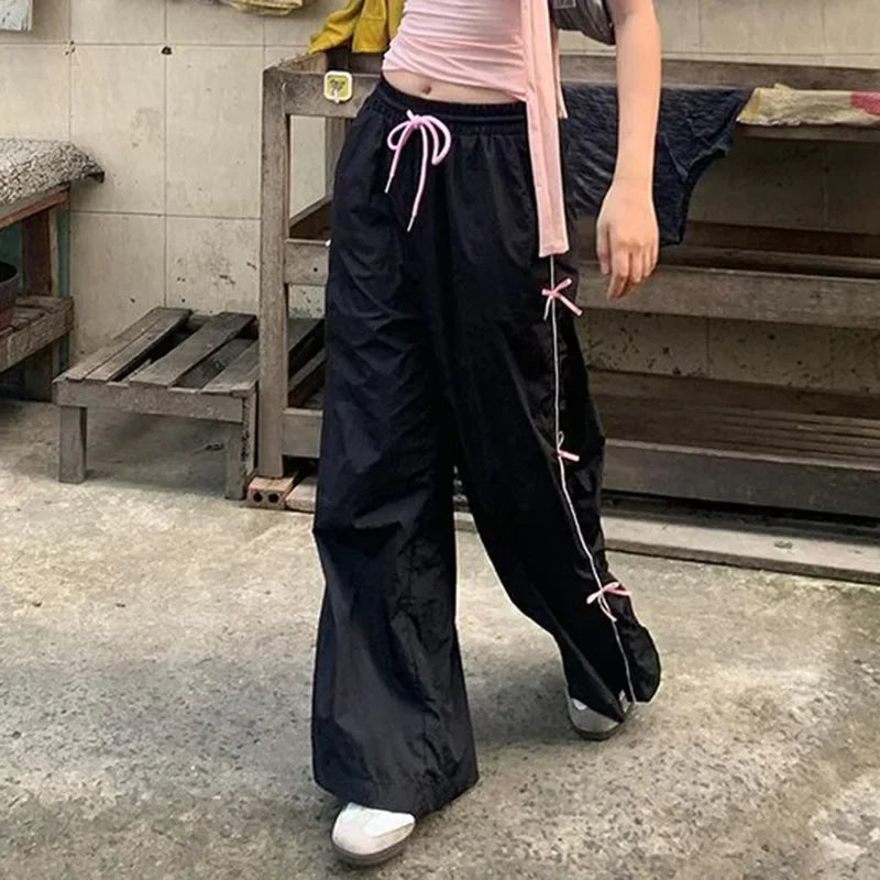 Black Side Bow Drawstring Straight Sweatpants