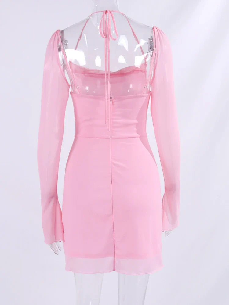 Mesh Long Sleeve Strappy Mini Dress