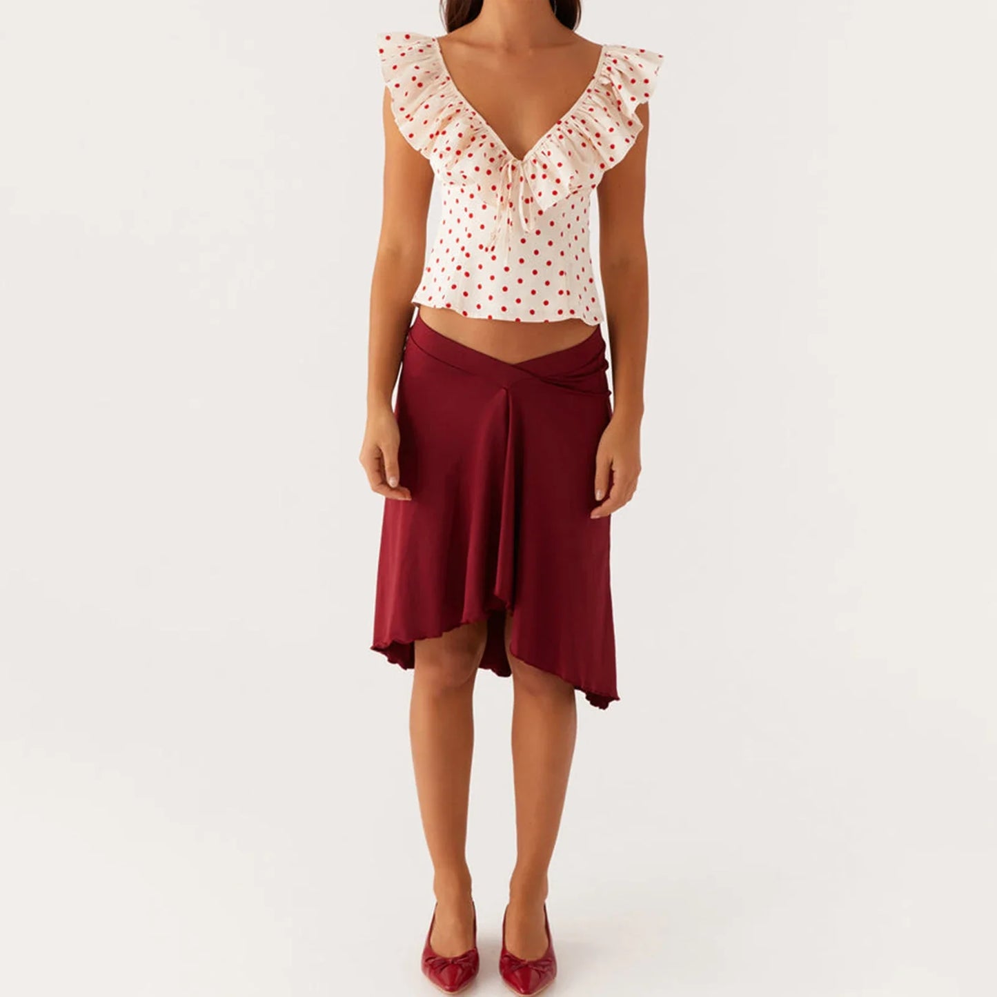 Red Polka Dot Short Sleeve Ruffle Top