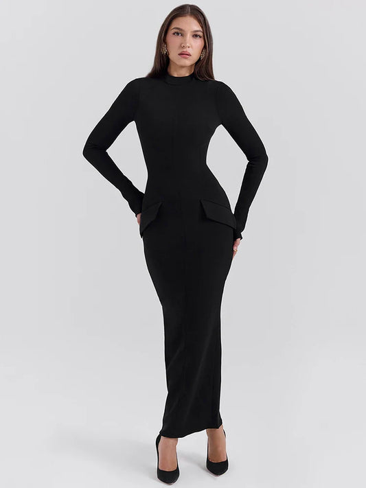Black Long Sleeve Solid Mock Neck Maxi Dress