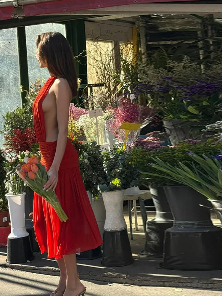 Red Halter Backless Split Deep Maxi Dress