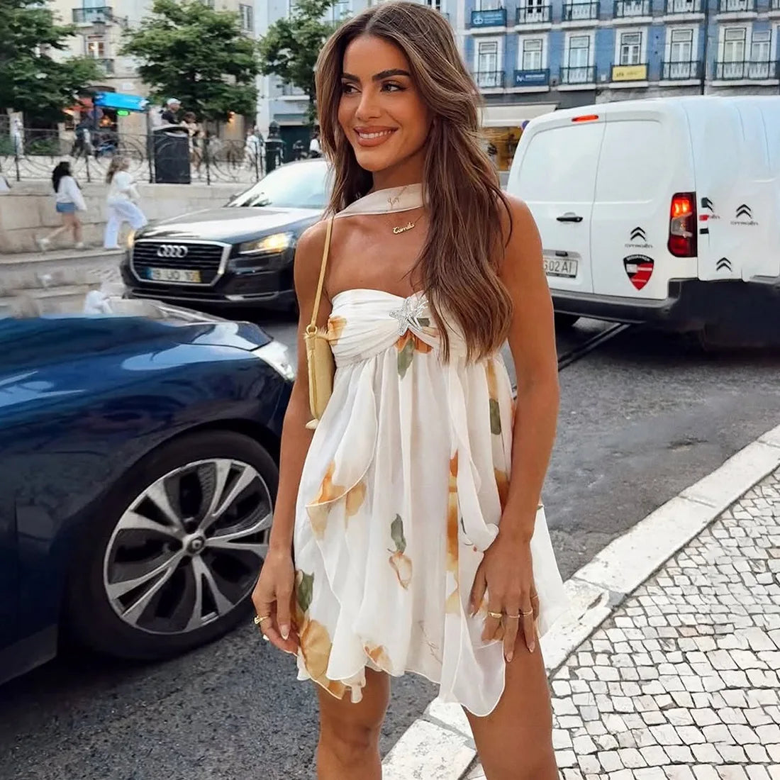 Frill Halter Around Neck Strapless Mini Dress