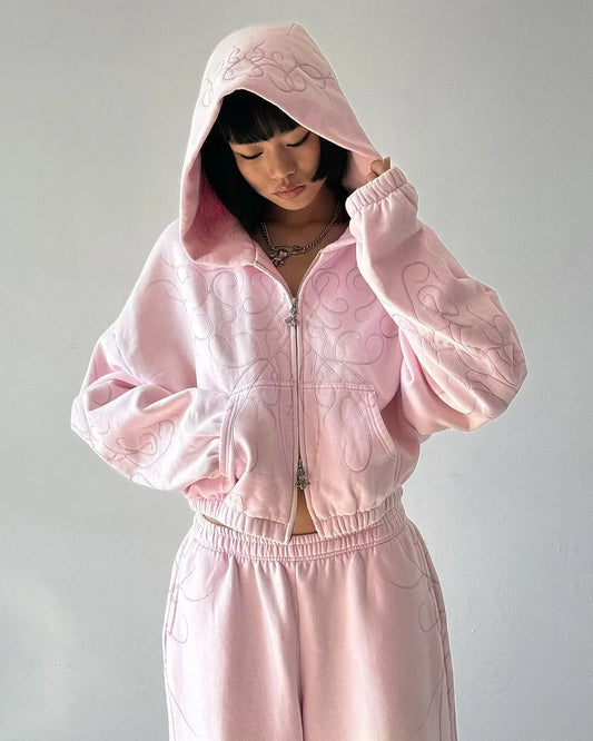 Pink Zipper Metallic Design Hoodie