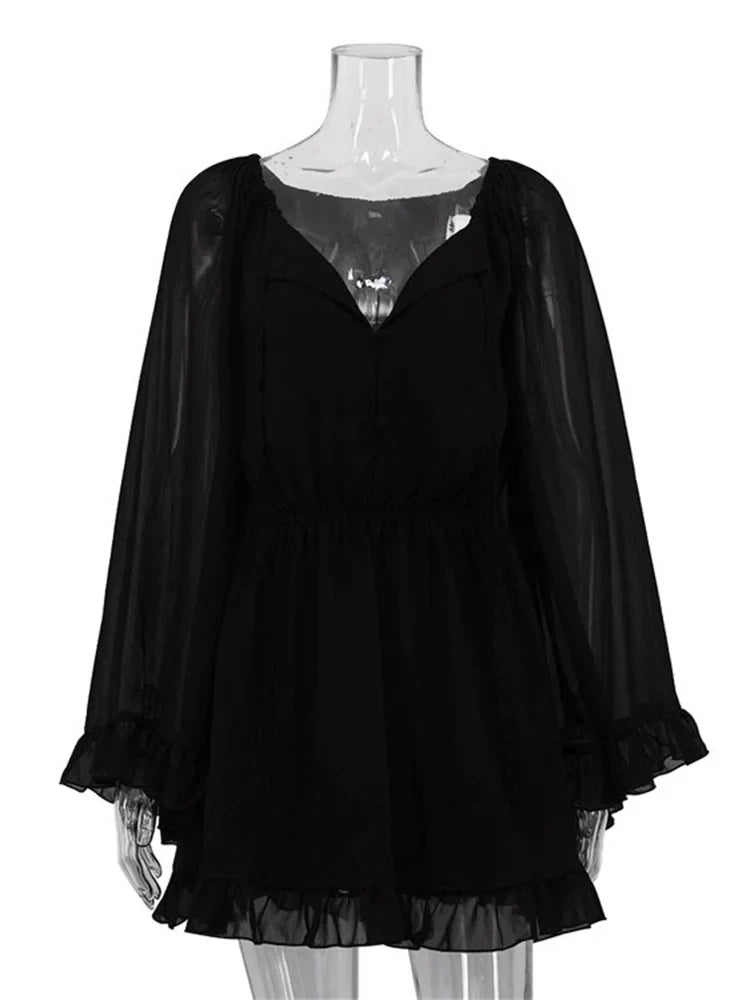 Black Ruffles Mesh Long Sleeve Mini Dress