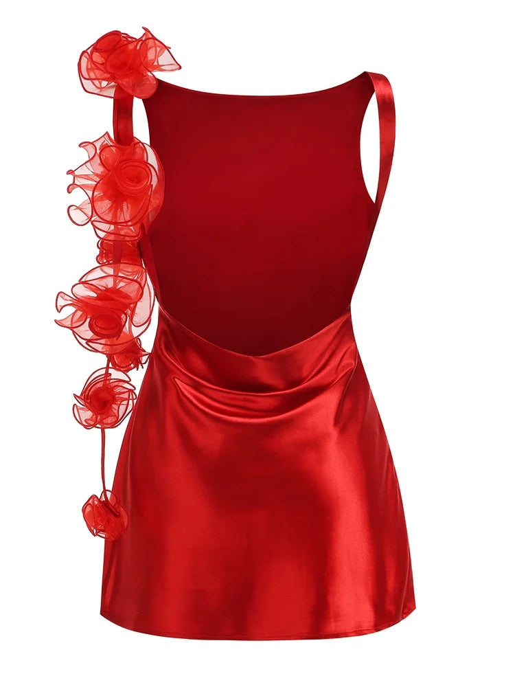 Flower Strap Backless Satin Mini Dress