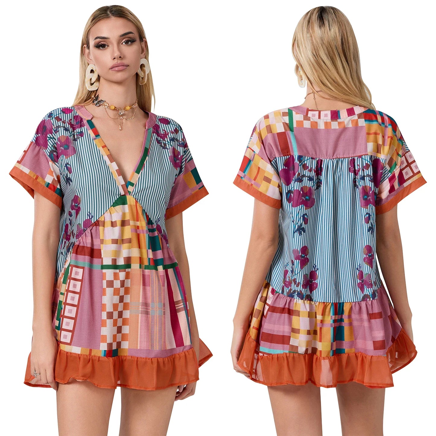 Floral Print Short Sleeve V-Neck Ruffled Hem Loose Mini Dress with Pockets