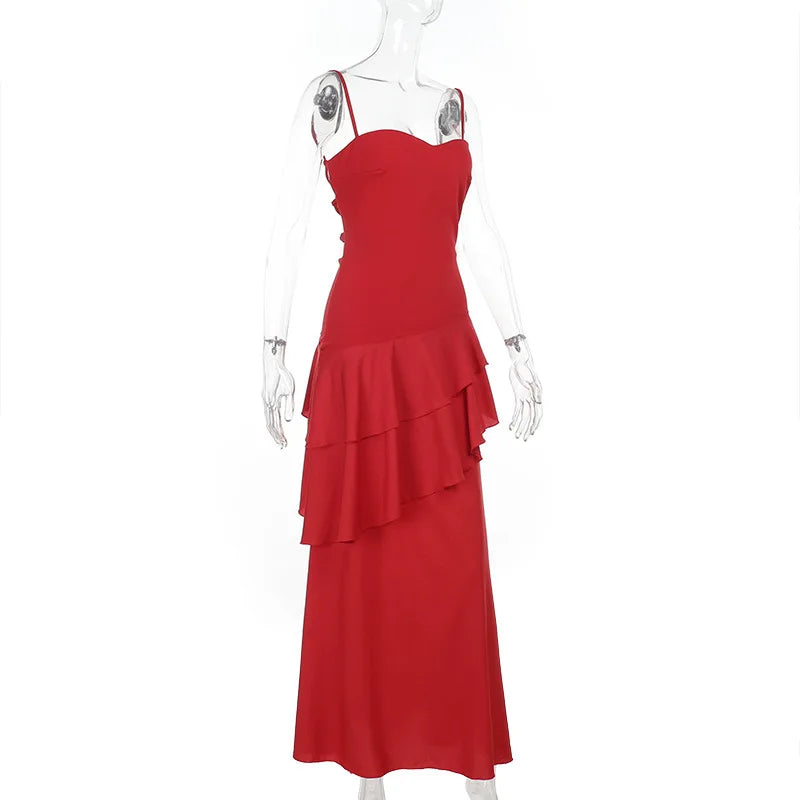 Red Ruffled Maxi Dress â€?Lace-Up Strappy Back