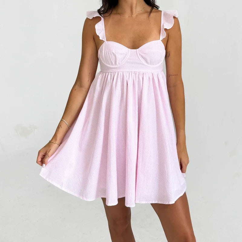 Floral/Solid Frill Strap Flowy Mini Dress